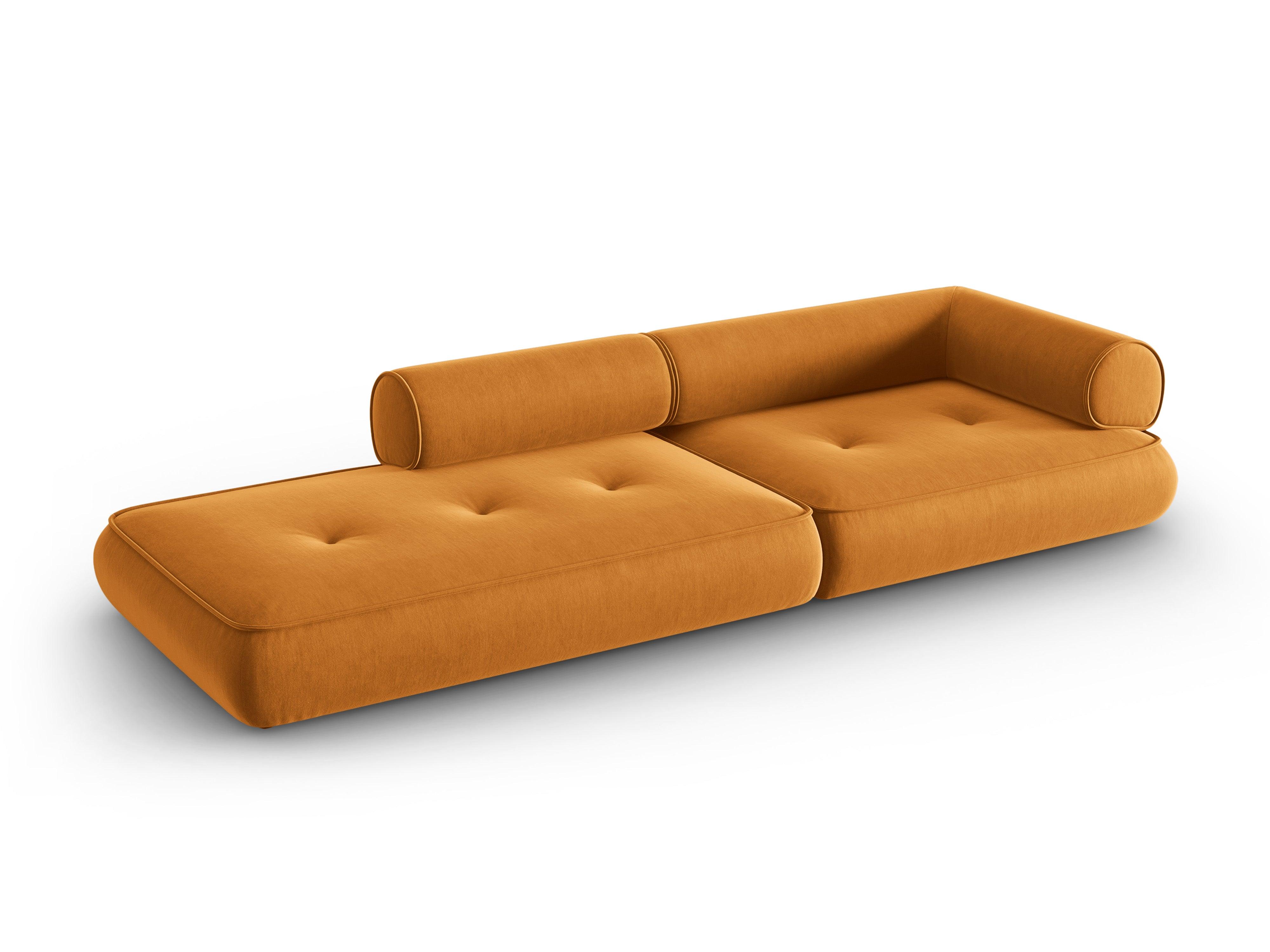 Sofa w tkaninie szenilowej otwarta lewostronna LILY musztardowy Maison Heritage    Eye on Design