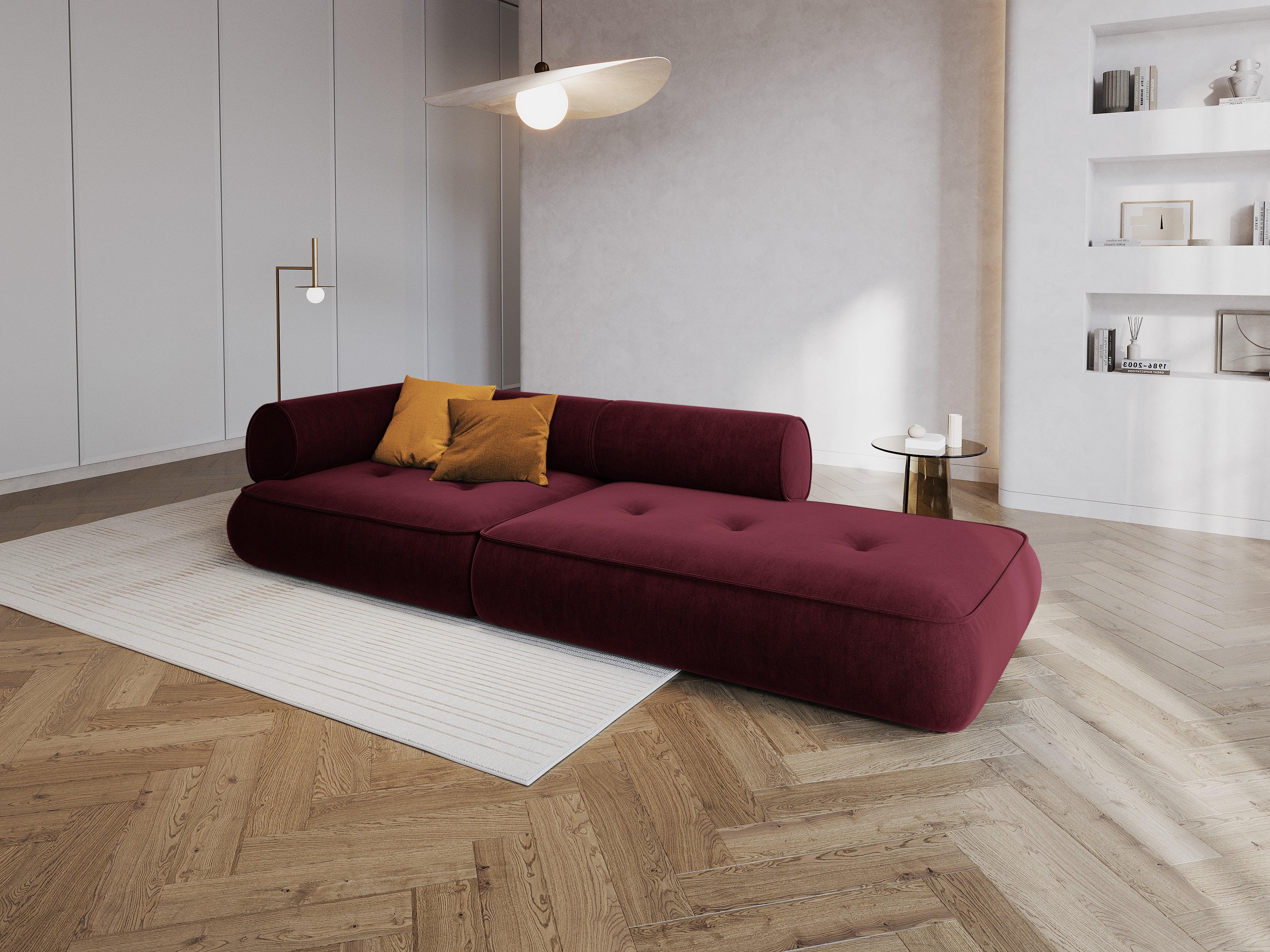 Sofa w tkaninie szenilowej otwarta prawostronna LILY burgundowy Maison Heritage    Eye on Design