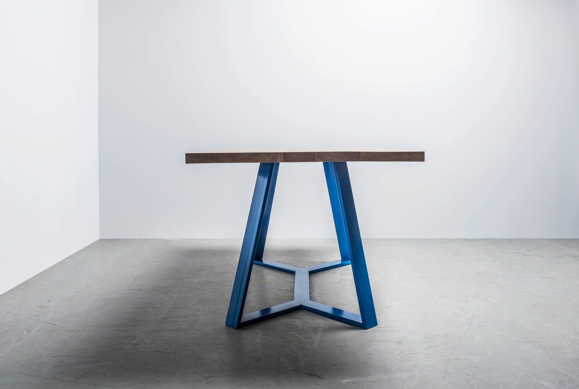 Y oak table top with blue steel base