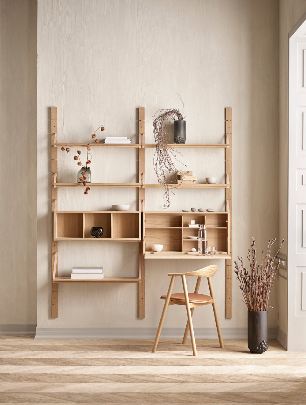 Shelf with a rack strap bleached oak wood