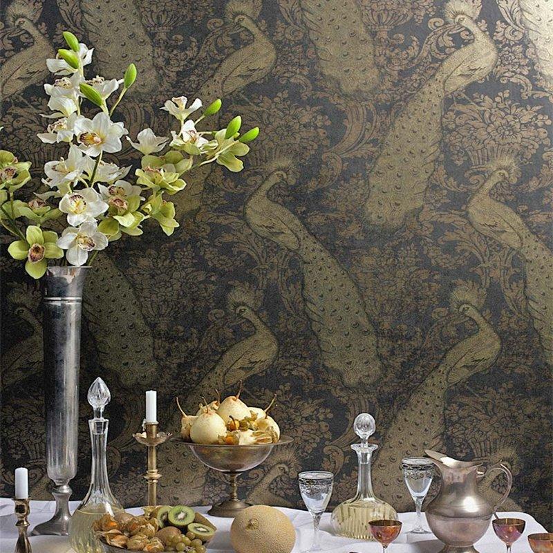 Metallic wallpaper with animal motif in peacock ALBEMARLE - Byron turquoise and gold