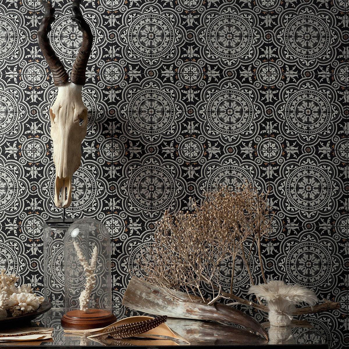 Wallpaper with a geometric pattern of ornaments resembling ceramics ALBEMARLE - Piccadilly blue