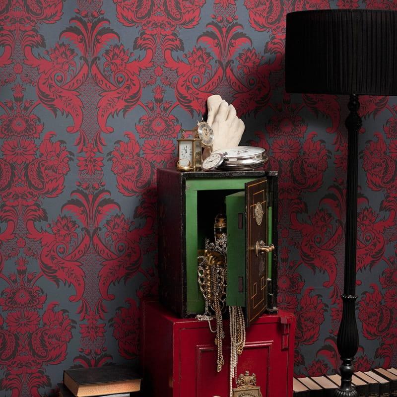 Metallic wallpaper with floral ornaments ALBEMARLE - Wyndham white on silver