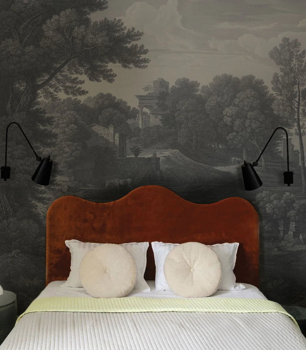 Non-woven wallpaper with the landscape ANCIENT RIVERSIDE GROVE gray