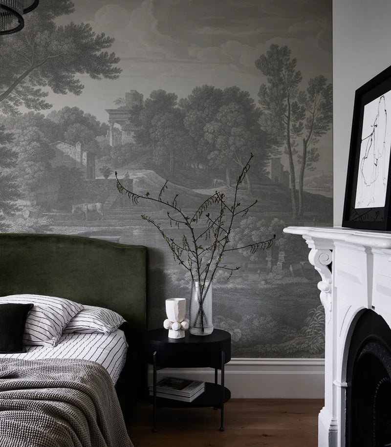 Non-woven wallpaper with the landscape ANCIENT RIVERSIDE GROVE gray