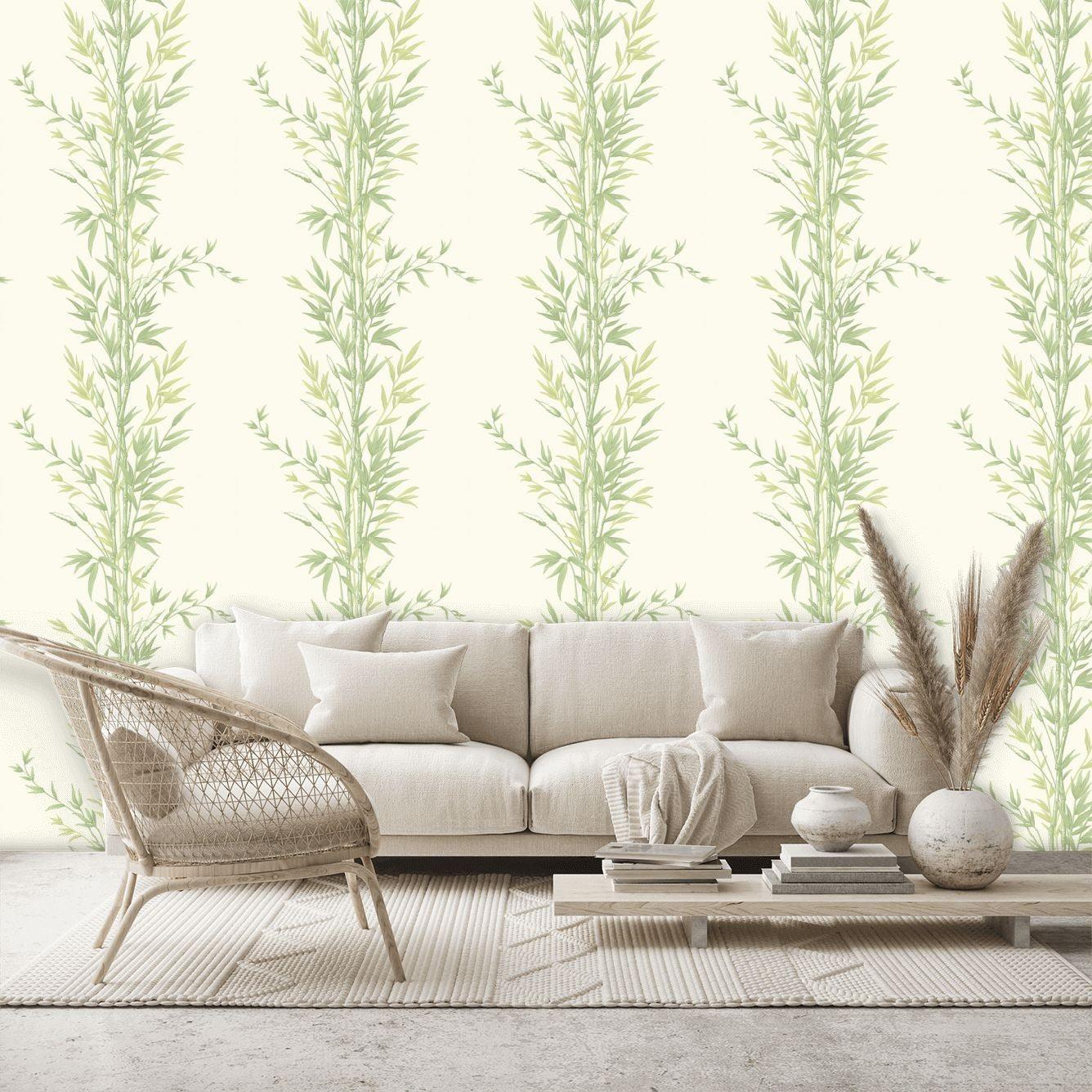 Wallpaper with a plant motif of bamboo shoots ARCHIVE ANTHOLOGY - Blue Bamboo on Olive