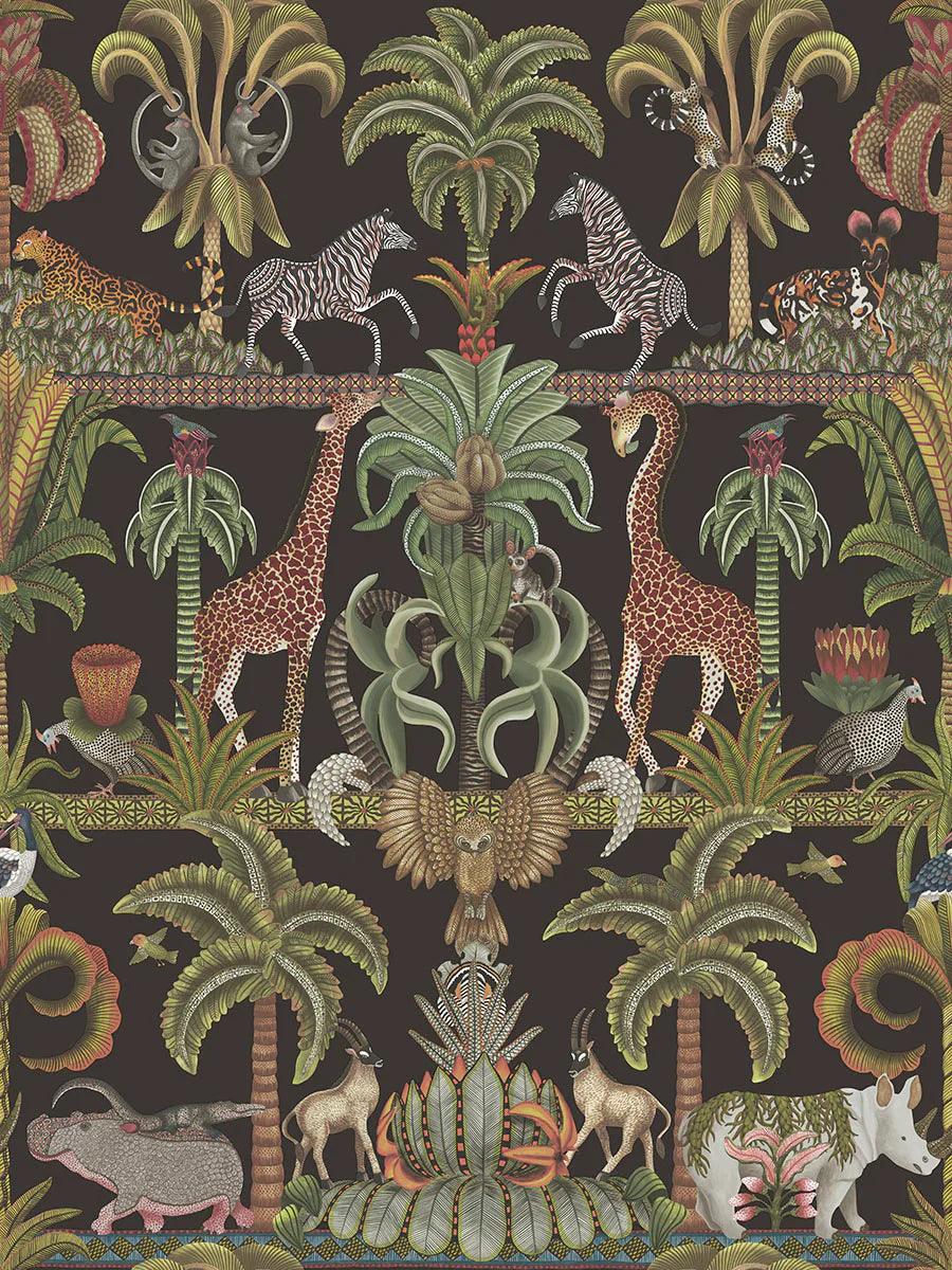 Metallic wallpaper with animal and plant motif ARDMORE JABULA - Africa Kingdom black