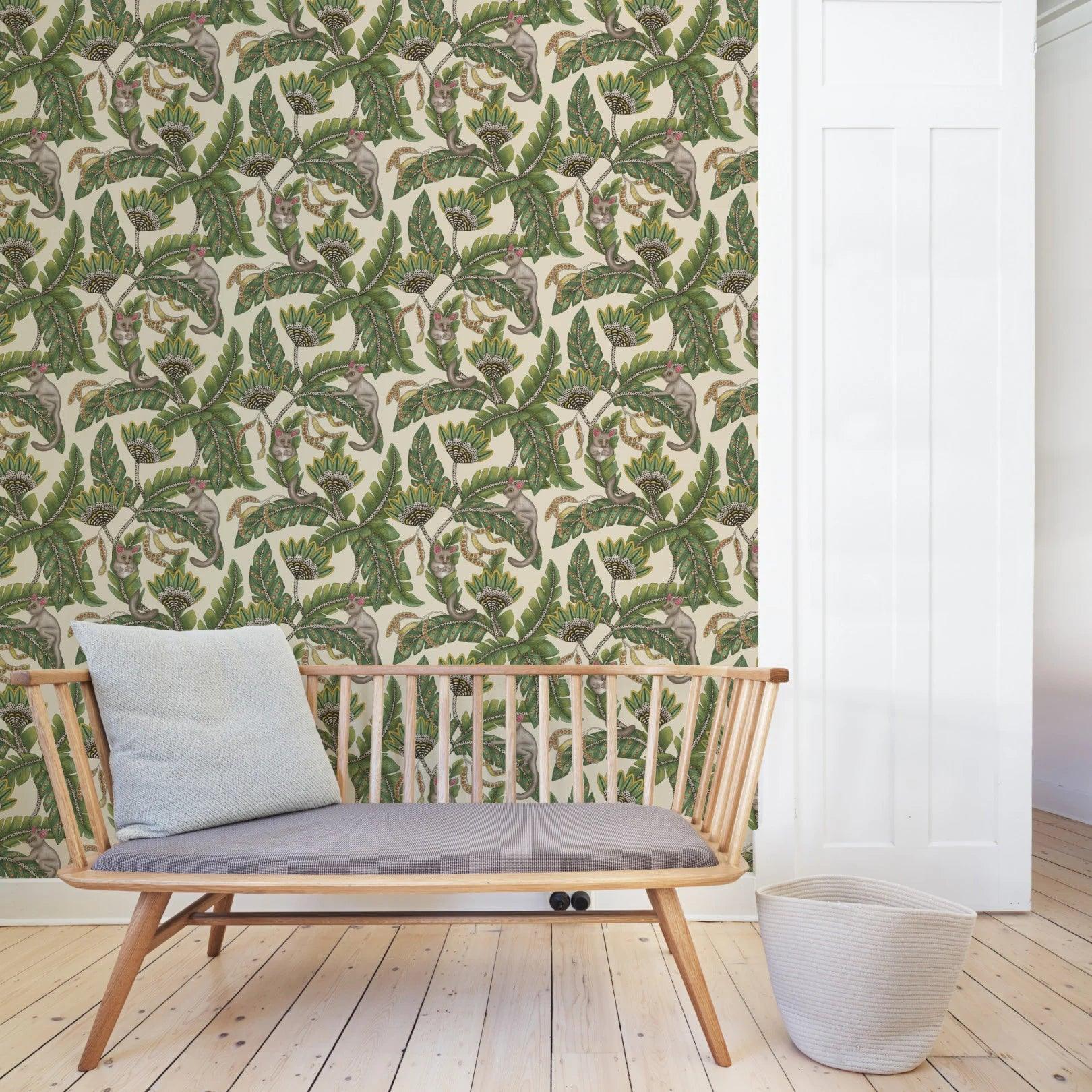 Wallpaper with plant and animal motif ARDMORE JABULA - Bush Baby green on black
