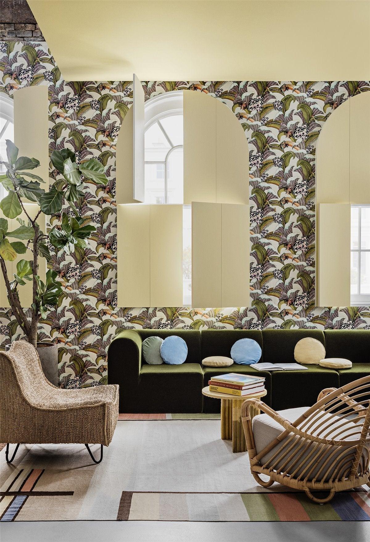 Wallpaper with a plant motif ARDMORE JABULA - Hoopoe Leaves turquoise