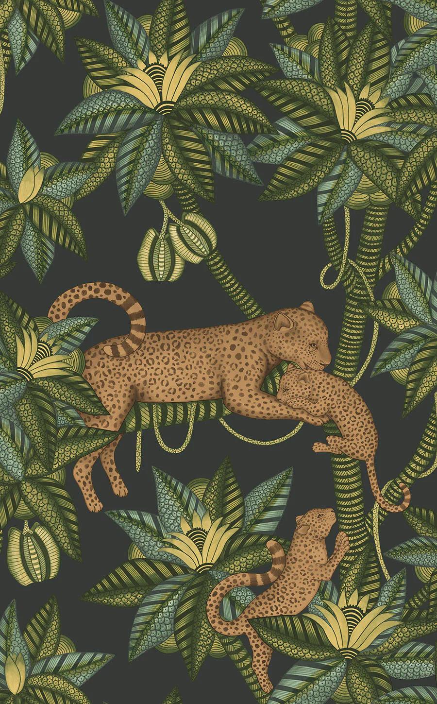 Wallpaper with plant and animal motif ARDMORE JABULA - Green Satara on black