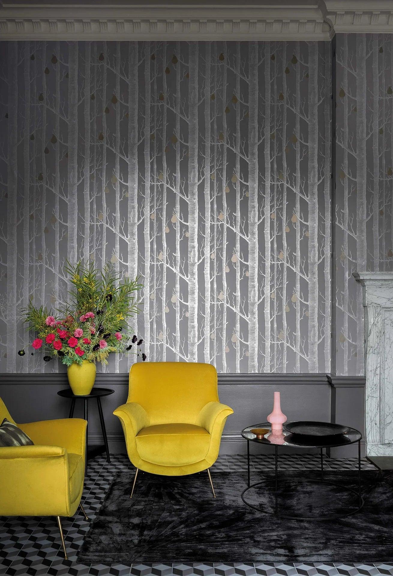 Wallpaper with a plant motif of trees CONTEMPORARY COLLECTION - Woods & Pears gold on cream