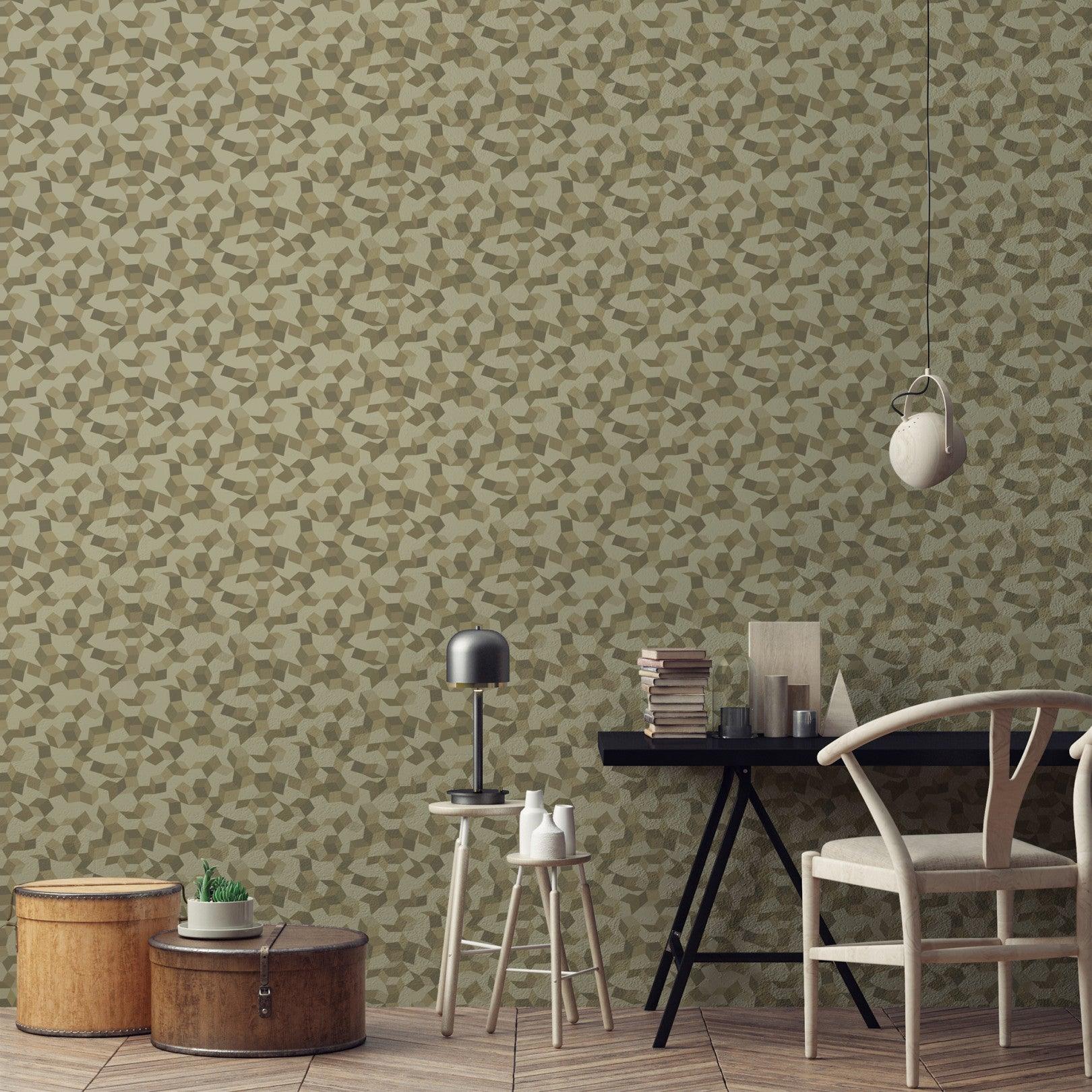 Wallpaper with a geometric three-dimensional pattern CURIO - Metallic gold quartz