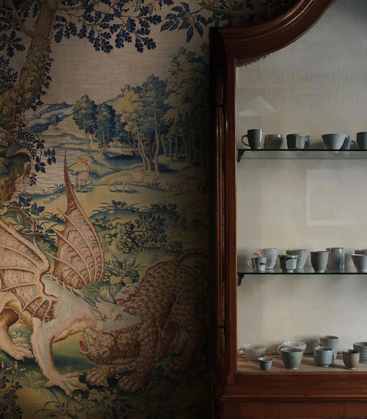 Animal motif wallpaper DRAGON ARRAS sandy beige with green