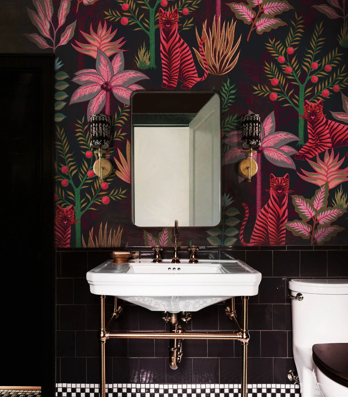 Gold Tigers Black Wallpaper with Floral and Animal Motif in Black and Red