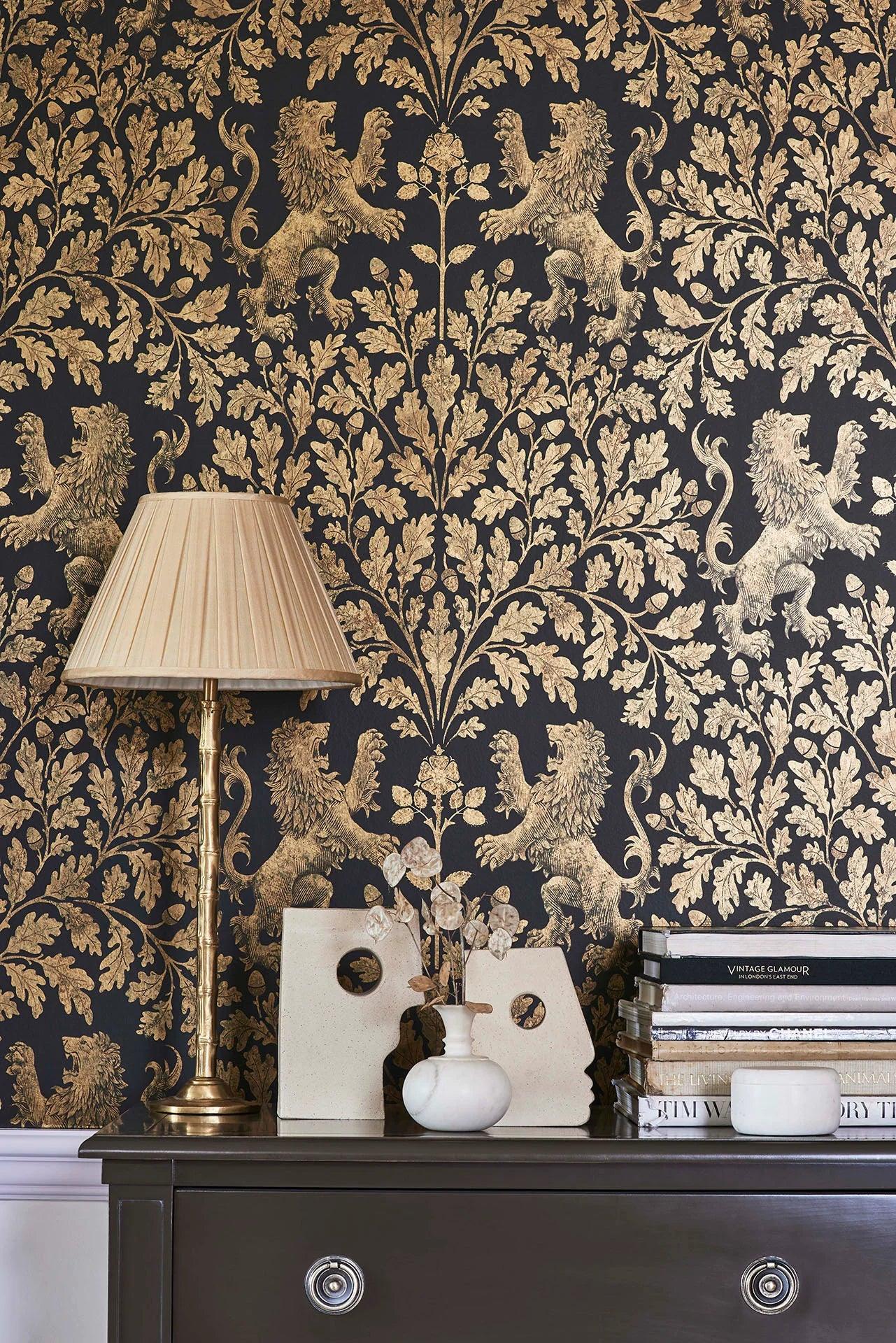 Metallic wallpaper with a motif of plant and animal ornaments THE PEARWOOD COLLECTION - Boscobel Oak beige