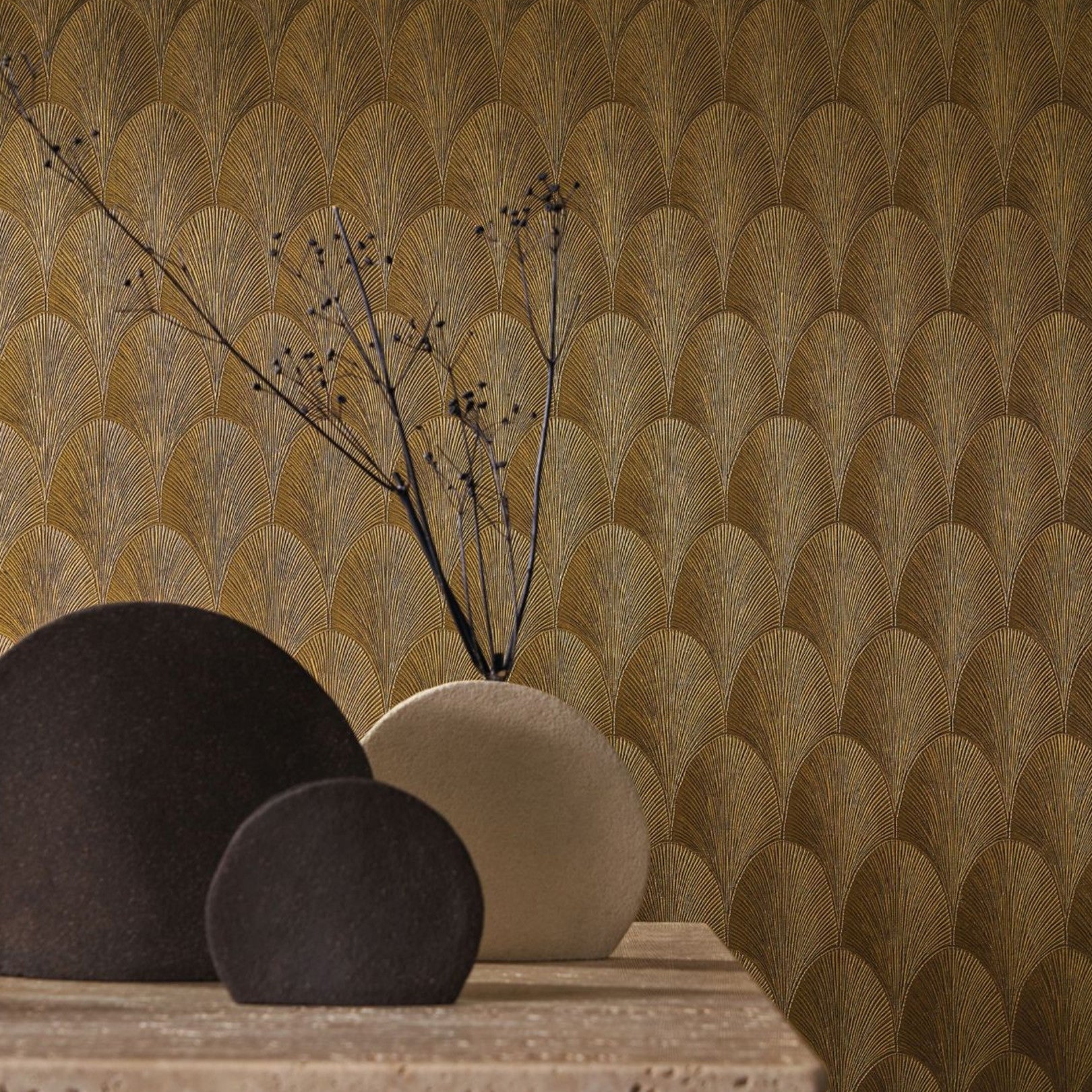 Metallic Wallpaper with Geometric Pattern TOURMALINE - DORE/FONCE Brown with Gold