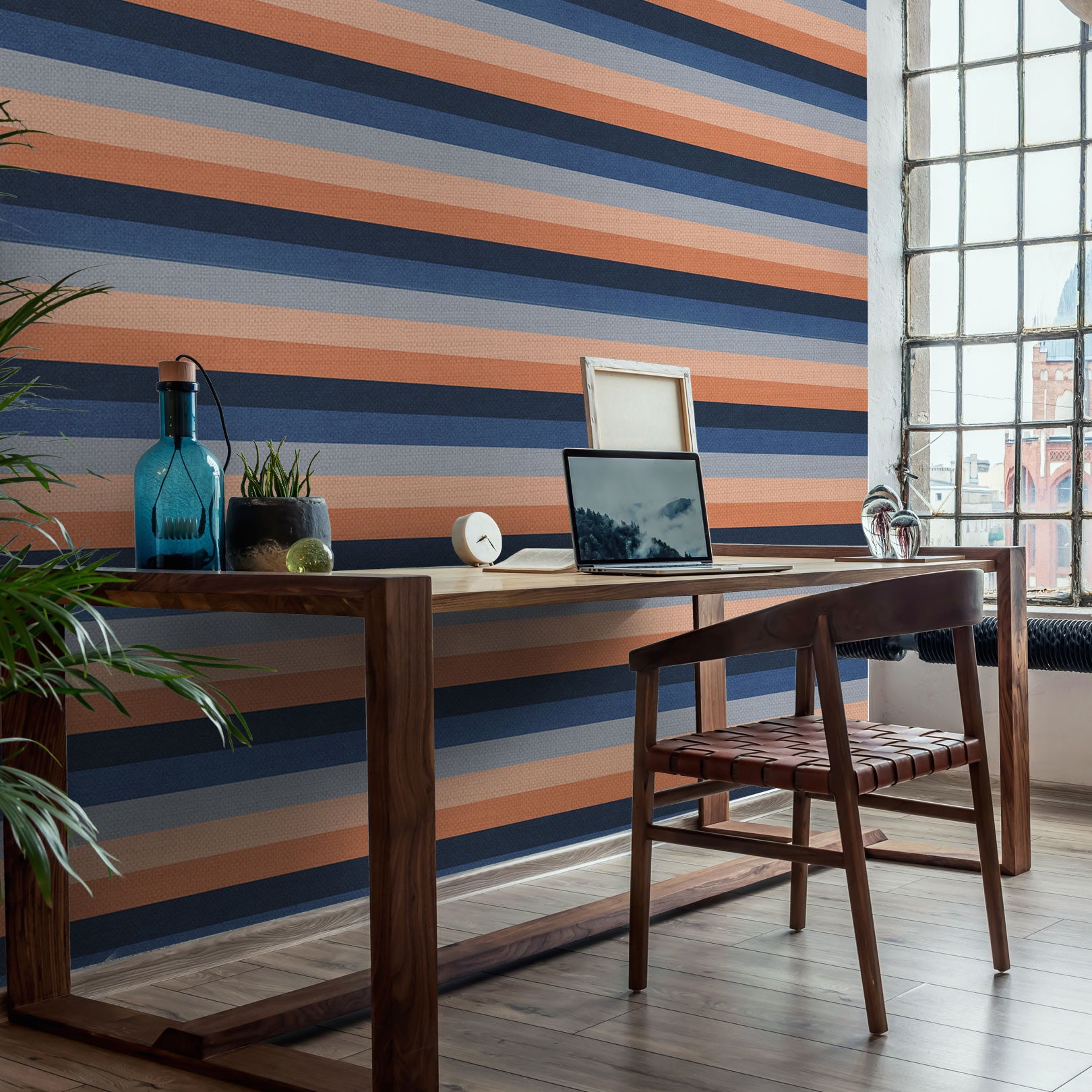 Striped Structural Wallpaper TRANSAT - MARINE/CORAL navy with coral
