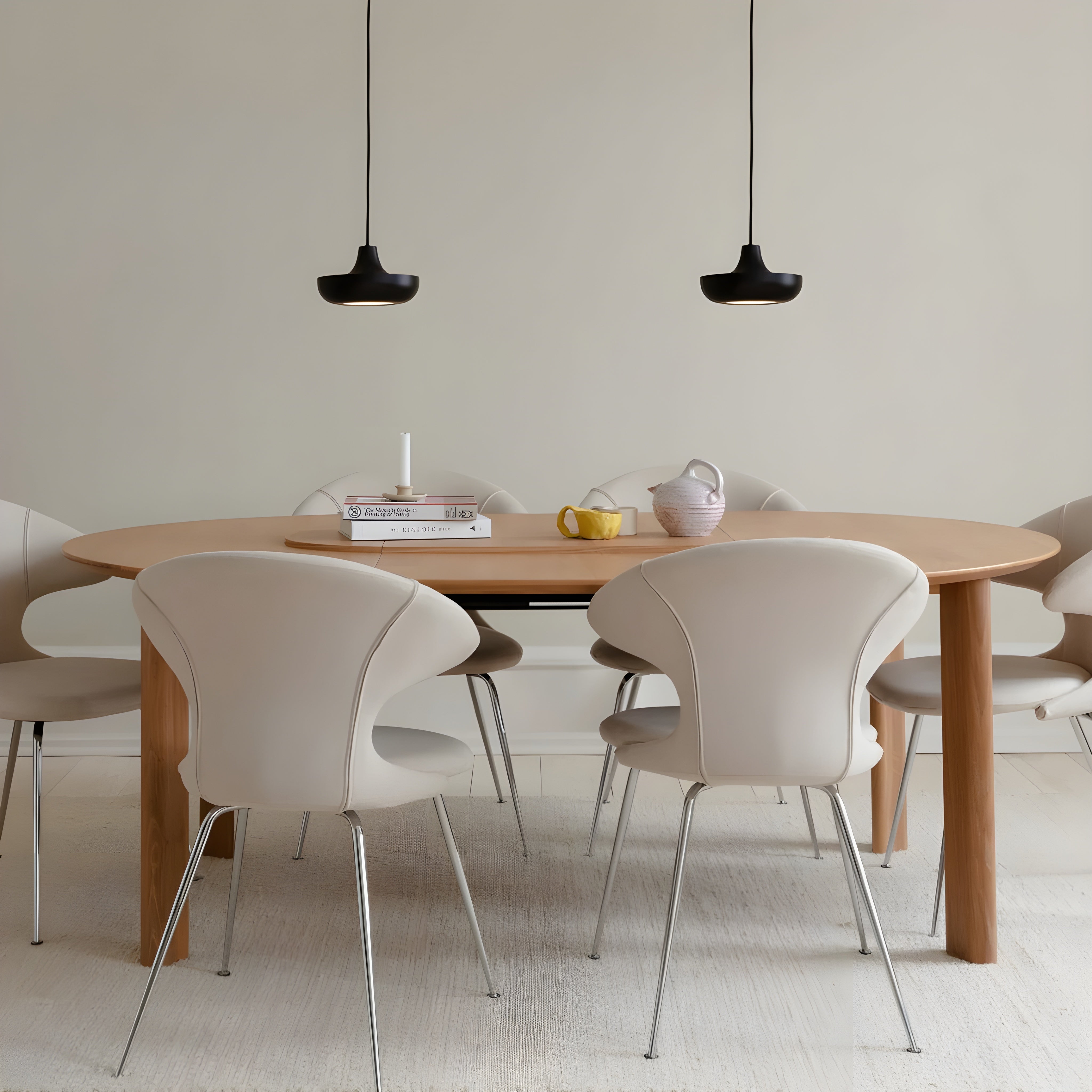 COMFORT CIRCLE round extendable table made of oak with a white steel base