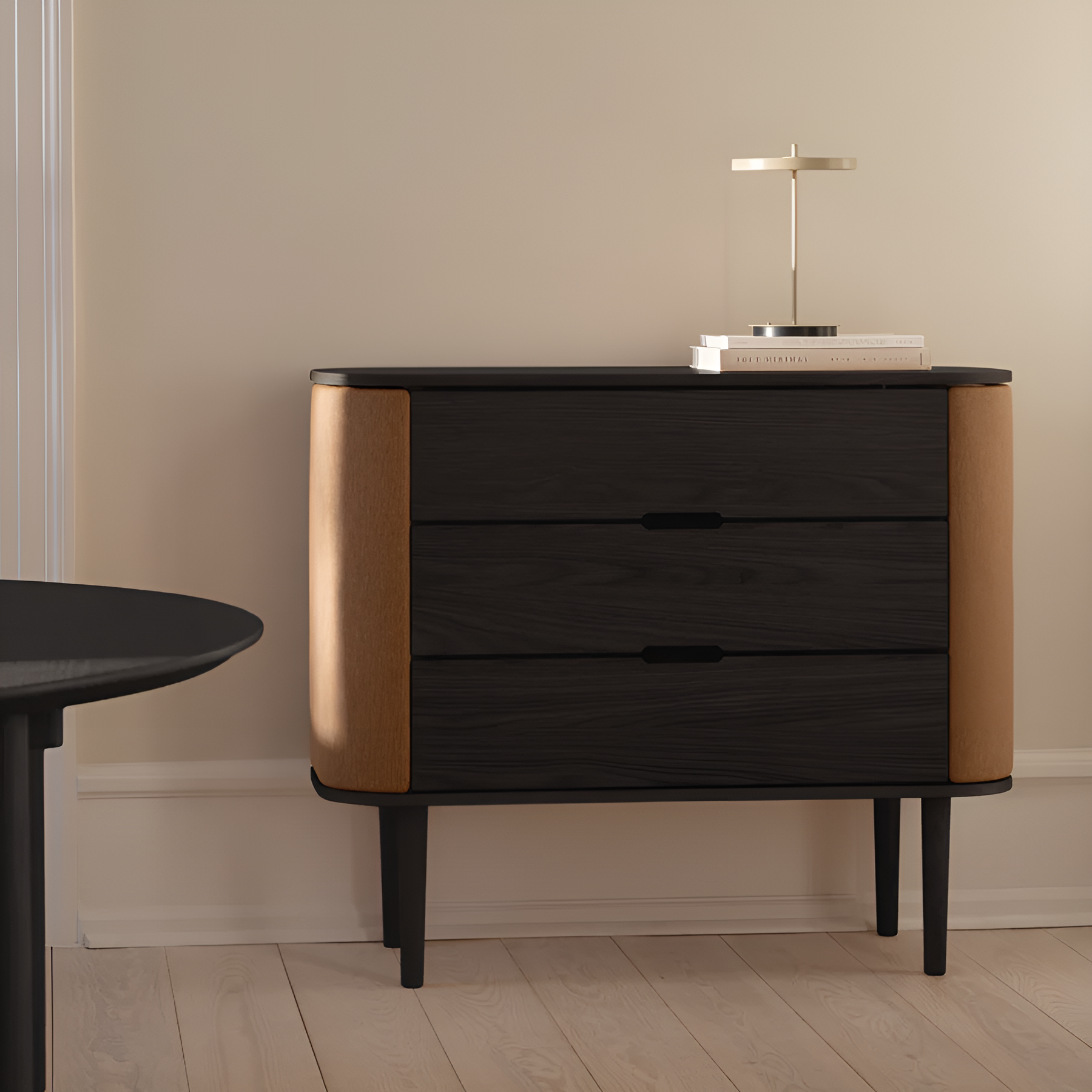 TREASURES cabinet in caramel with a black base