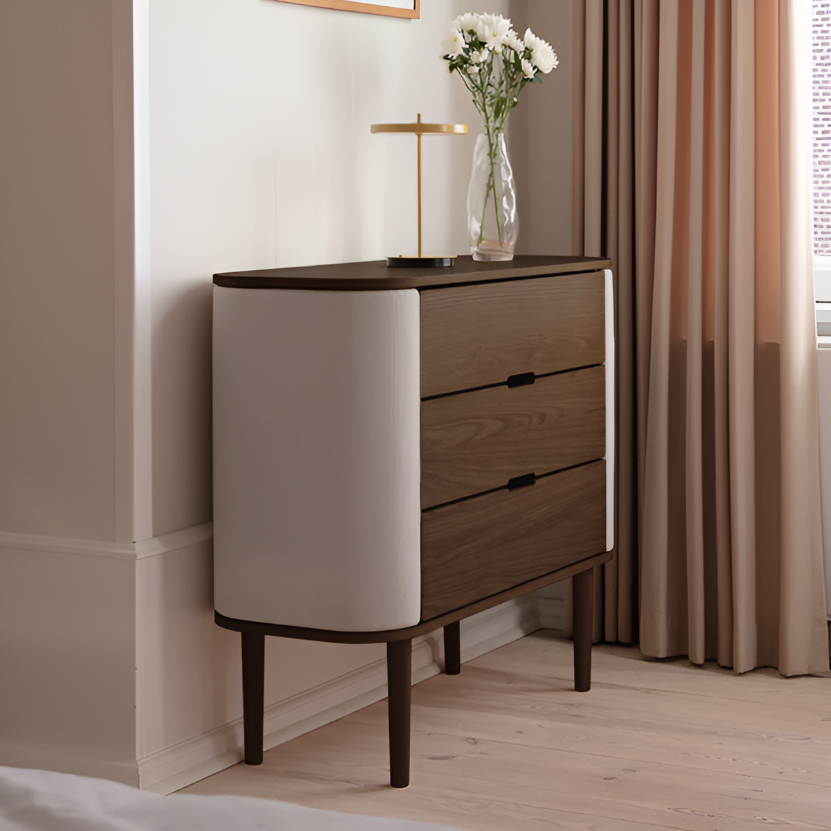 TREASURES cabinet in sandy color with a dark oak base