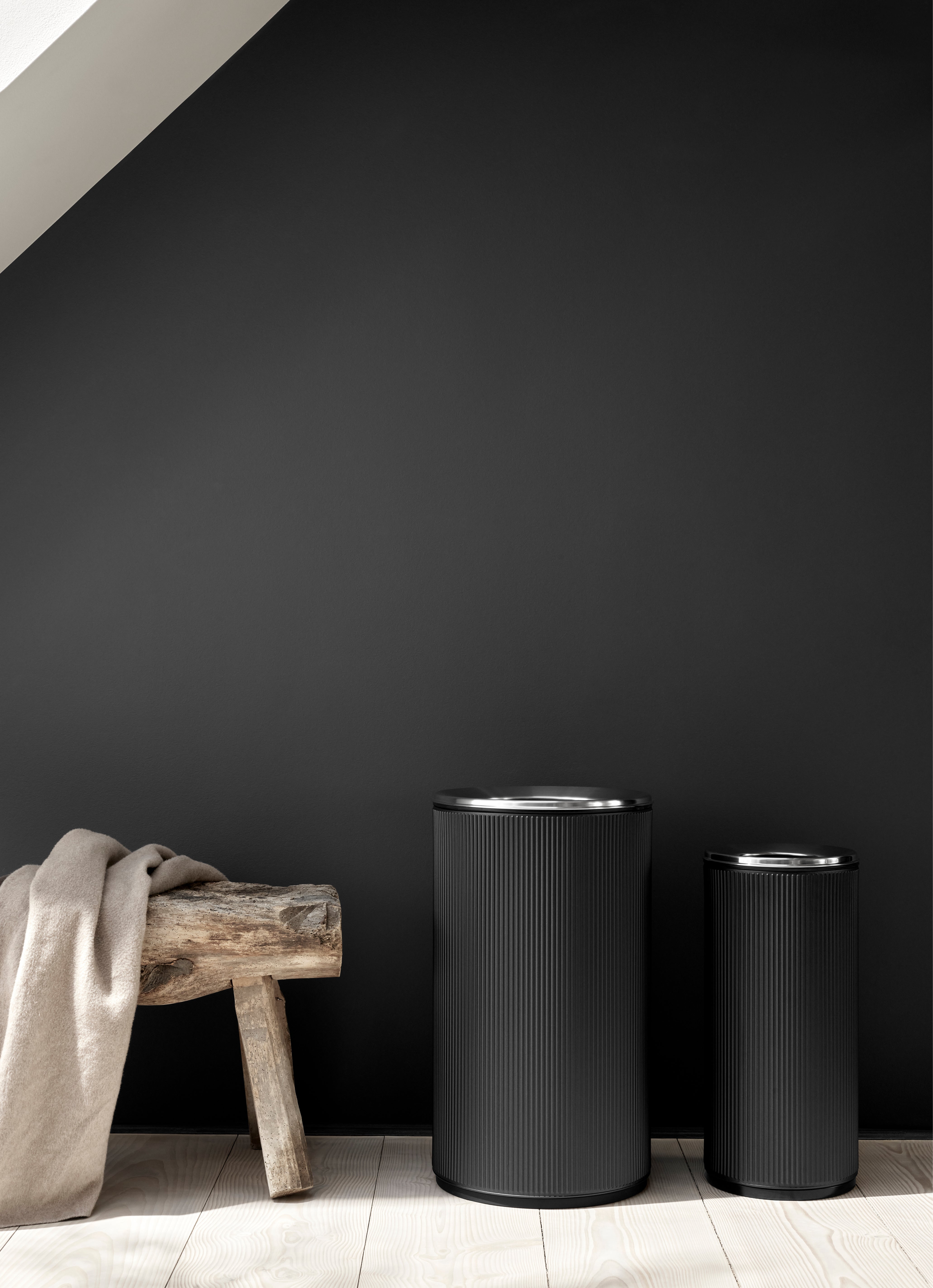 OPEN TOP black waste bin with silver lid