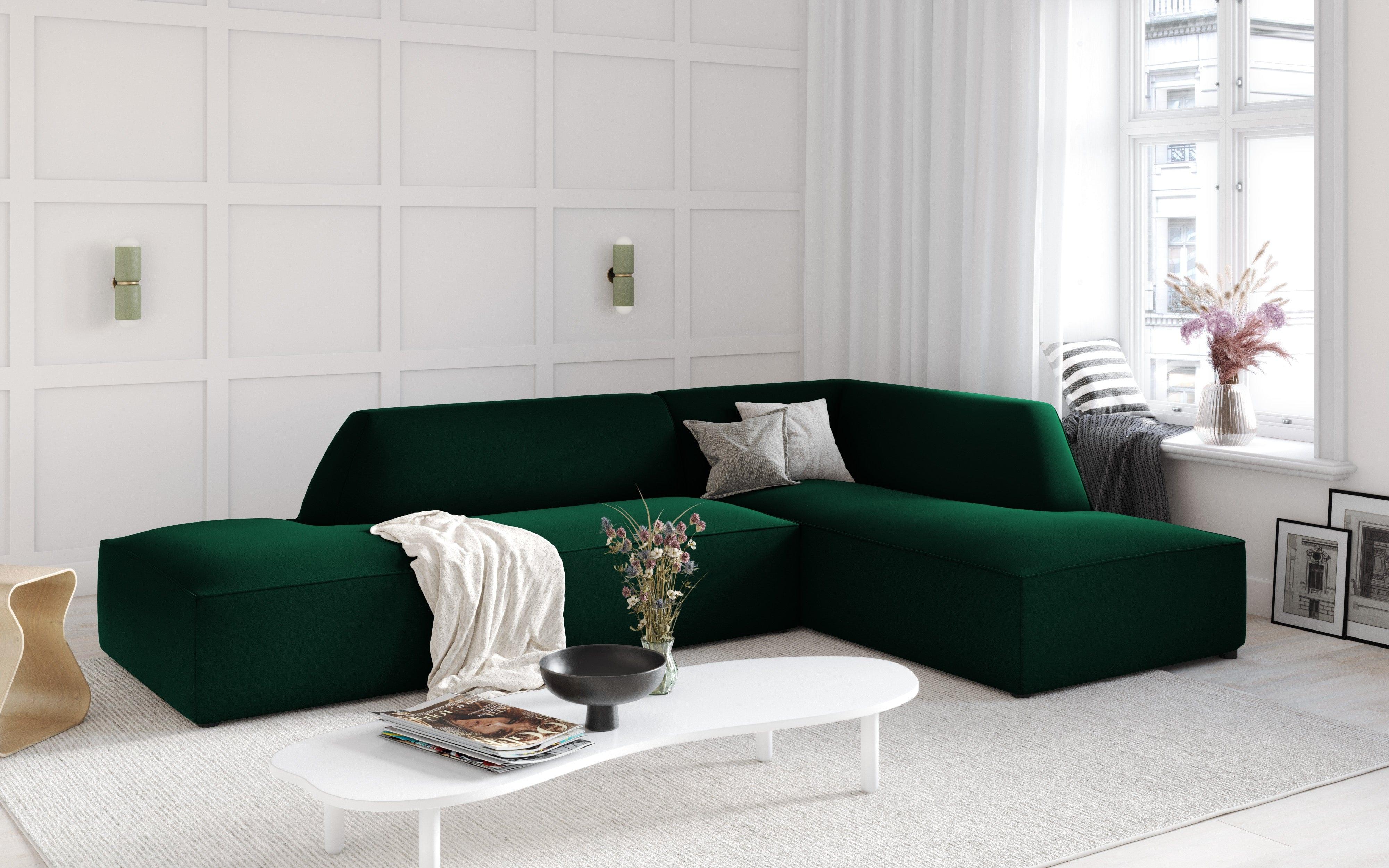 Sofa narożna aksamitna prawostronna RUBY butelkowa zieleń Micadoni    Eye on Design